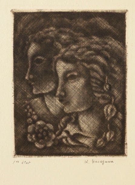 Kiyoshi Hasegawa (1891-1980)
Deux profils. 1926. Manière noire. 95 x 122. Reifu-Syobo 183. Très belle épreuve sur vergé crème, annotée 
« 1er état » et signée au crayon. Petites traces de colle dans les angles en tête au verso avec petits arrachements. Toutes marges. Timbre de l’atelier au verso.
Provenance : succession de l’artiste.