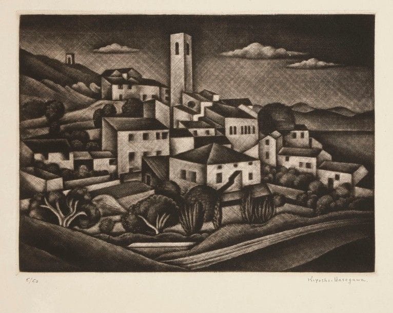 Kiyoshi Hasegawa (1891-1980)
Village de Volx. 1927. Manière noire. 280 x 200. Reifu-Syobo 192. Parfaite épreuve sur vélin crème, numérotée et signée au crayon. Toutes marges. Tirage à 50 épreuves. Timbre de l’atelier au verso.
Provenance : succession de l’artiste.