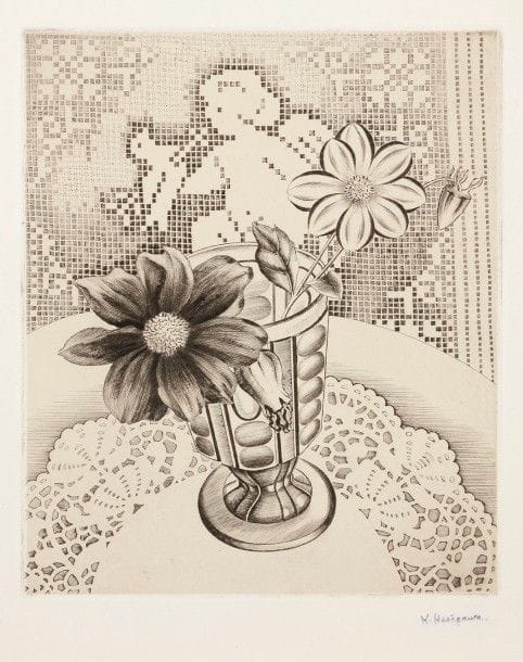 Kiyoshi Hasegawa (1891-1980)
Dahlia (fond dentelle amour). 1932. Pointe sèche. 205 x 248. Reifu-Syobo 220. Parfaite épreuve sur chine appliqué sur vélin blanc, revêtue du timbre de l’atelier (légèrement passé). Toutes marges. 
Un certificat des ayants-droit de l’artiste sera fourni sur demande à l’acquéreur.