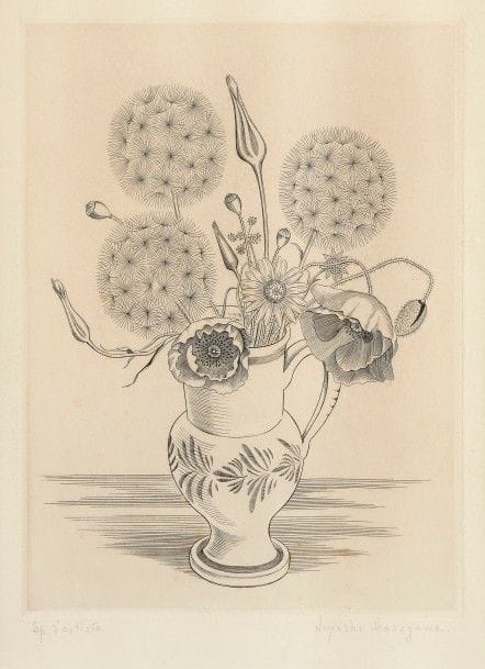 Kiyoshi Hasegawa (1891-1980)
Coquelicots et graminées dans un vase. 1937. Burin. 214 x 262. Reifu-Syobo 248. Belle épreuve sur vélin, annotée « ép. d’artiste » et signée au crayon. Légère oxydation sous le passe-partout. Marges. Cadre. Tirage définitif à 50 épreuves. 