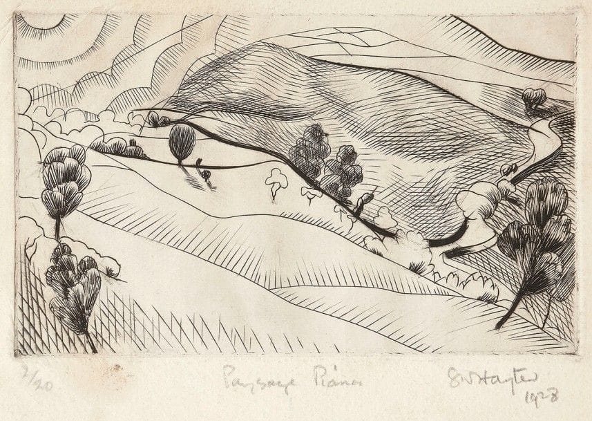 Stanley William Hayter (1901-1988)
Paysage à Piana. 1928. Burin. 162 x 96. Black et Moorhead 28. Belle épreuve sur vergé de Montval, numérotée, titrée, signée et datée au crayon. Petites rousseurs et taches claires en surface. Légères traces de plis. Toutes marges. Très rare (tirage annoncé à 20 épreuves, dont seulement 4 semblent avoir été tirées).