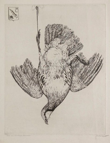 Joseph HECHT (1891-1951)
Perdrix rouge. 1936. Burin. 327 x 423. Plumart, T.-R. 267. Très belle épreuve sur vergé de Montval, annotée « Don du Sénateur Brunel » et signée au crayon. Traces de plis obliques en travers du sujet. Toutes marges. Tirage à 45 épreuves. 