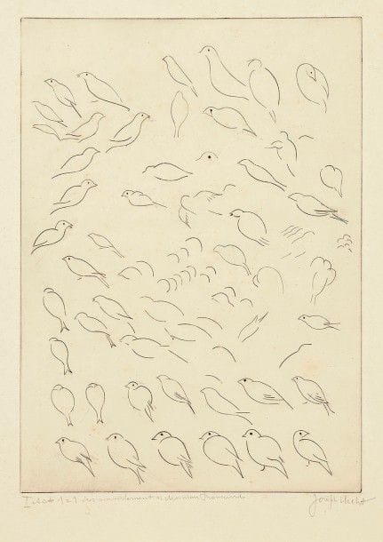 Joseph HECHT (1891-1951)
Croquis d’oiseaux. Vers 1938. Burin. 198 x 275. Plumart, T.-R. 294. Très belle épreuve sur vergé, annotée au crayon « I état 1=1 », dédicacée et signée. Rousseurs claires éparses. Toutes marges. Tirage définitif à 35 épreuves.