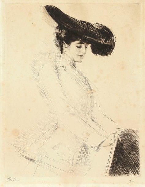 Paul-César Helleu (1859-1927)
Jeune femme en chapeau devant un carton d’estampes. Héliogravure d’après une pointe sèche. 292 x 388. Bonne épreuve sur vélin, signée et numérotée au crayon. Oxydation du feuillet et quelques larges rousseurs. Petites marges. 