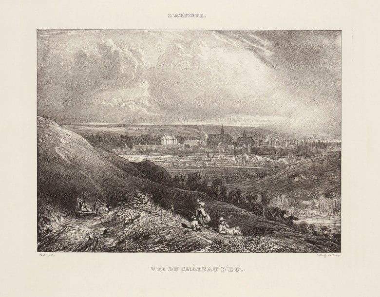 Paul Huet (1803-1969)
Vue du château d’Eu. 1834. Lithographie. 202 x 170. Delteil 73. Très belle épreuve sur vélin, du tirage de L’Artiste. Toutes marges. 