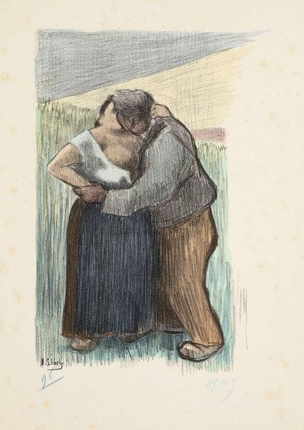 Henri-Gabriel Ibels (1867-1936)
Les Culs-terreux. Titre de mélodie. 1893. Lithographie. 155 x 250. Belle épreuve sur vélin glacé, coloriée au pochoir, numérotée et signée au crayon bleu. Rousseurs claires éparses. Toutes marges. 