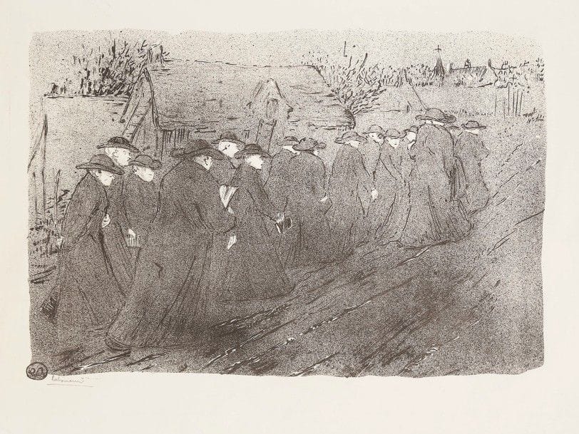 Jean-Émile Laboureur (1877-1943)
Le Séminaire en Bretagne. 1897. Lithographie. 348 x 237. Laboureur 752. Belle épreuve sur vélin mince, finement doublée sur japon, signée au crayon. Deux petits manques en pied du feuillet. Longue déchirure oblique en pied, pénétrant légèrement dans le sujet. Toutes marges. 
Rare. Première lithographie de l’artiste. 