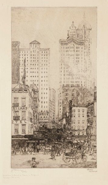 Jean-Émile Laboureur (1877-1943)
Cortland Street, New York. 1908. Eau-forte. 175 x 300. Laboureur 75. Très belle épreuve sur vergé crème filigrané « imprimerie Ch Wittmann », signée et numérotée au crayon puis dédicacée « à Monsieur le Consul de France à Smyrne / hommage bien sincère ». Court pli cassé dans l’angle supérieur droit. Toutes marges.