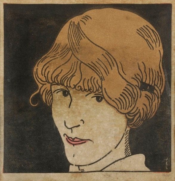 Jean-Émile Laboureur (1877-1943)
Masque aux cheveux d’or. 1912. Bois gravé. 174 x 173. Impression en couleurs. Bonne épreuve sur japon, numérotée au crayon, frottée et oxydée (le japon pelucheux), collée sous le passe-partout. Marges. Tirage à 35 épreuves. Cadre. 