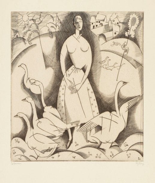 Jean-Émile Laboureur (1877-1943)
La Fille aux oies. 1916. Burin. 155 x 171. Laboureur 159. Parfaite épreuve sur vélin mince, signée et numérotée au crayon. Toutes marges. Tirage à 40 épreuves. Joint : même sujet. Dessin à l’encre et à la mine de plomb, 65 x 75, sur vélin mince [205 x 265]. Ex-coll. H.-M. Petiet. Ens. 2 p.