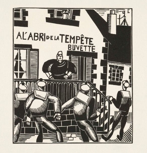 Jean-Émile Laboureur (1877-1943)
Images de l’arrière. Paris, À La Belle Édition. 1918. Bois gravé. Laboureur 715. Un vol. petit in-4 à l’italienne contenant une suite complète de 10 pl. L’un des 350 exemplaires sur vergé, numéroté, dégrafé. Petit manque au bord droit à une pl. Chemise de l’édition illustrée d’un bois gravé (légèrement défraîchie). 