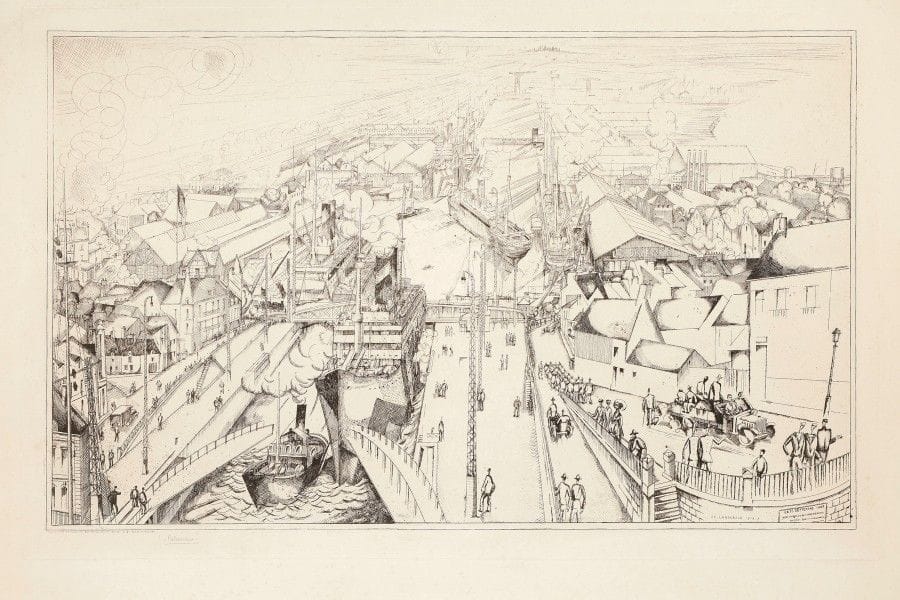 Jean-Émile Laboureur (1877-1943)
Vue panoramique du port de Saint-Nazaire. 1919-1920. Eau-forte. 543 x 350. Laboureur 188. Très belle épreuve sur vélin crème fort, légèrement oxydée, signée au crayon. Petites rousseurs claires. Petits reste de papier gommé au verso. Toutes marges. 