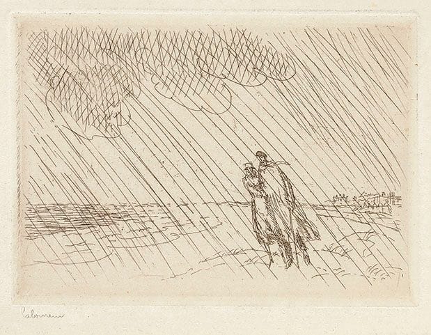 Jean-Émile Laboureur (1877-1943)
La Pluie sur la plage (petite planche). 1920. Eau-forte. 86 x 61. Laboureur 199. Belle épreuve sur vergé mince, signée et titrée au crayon. Oxydation du feuillet. Belles marges.