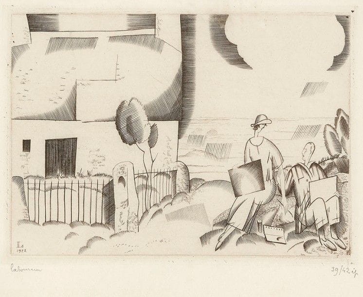 Jean-Émile Laboureur (1877-1943)
Les Aquarellistes. 1922. Burin. 128 x 94. Laboureur 237. Très belle épreuve sur vélin blanc, signée et numérotée au crayon. Toutes marges. Tirage à 42 épreuves. Ex-coll. H.-M. Petiet. Cadre.