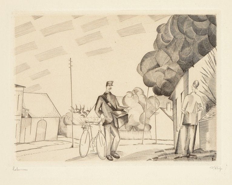 Jean-Émile Laboureur (1877-1943)
Le Facteur rural. 1924. Burin. 173 x 128. Laboureur 283. Très belle épreuve sur vélin mince, signée et numérotée au crayon. Toutes marges. Tirage à 65 épreuves. Ex-coll. 
H.-M. Petiet.