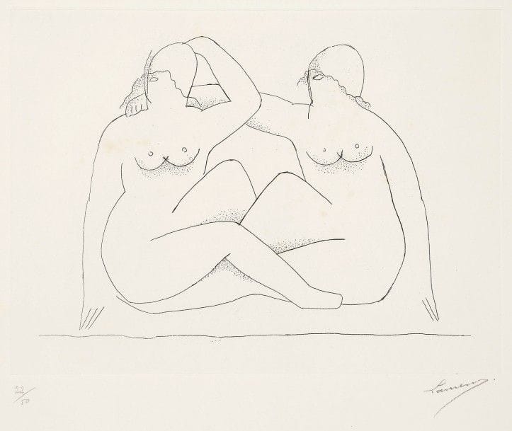 Henri Laurens (1885-1954)
Deux nus. Avant 1929. Eau?forte. 268 x 197. Völker 12. Très belle épreuve sur vélin blanc, numérotée et signée au crayon. Très claires rousseurs éparses. Toutes marges. Tirage à 50 épreuves.