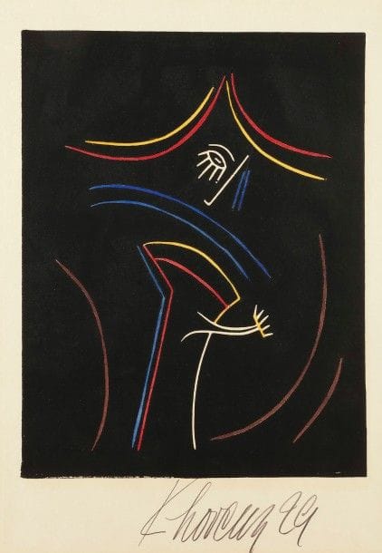 Karl Lorenz (allemand, 1888-1961)
Figure. 1929. Bois gravé. 240 x 320. Impression en couleurs. Parfaite épreuve sur vélin mince, signée et datée au crayon. Toutes marges. Tirage à 25 épreuves.
Provenance : collection du photographe Jean-François Bonhomme (1943-2015).