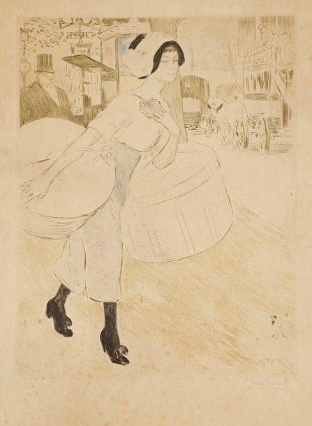 Émile Malo-Renault (1970-1938) 
Galerie des modes. 1911. Pointe sèche. 286 x 362. Bailly-Herzberg p. 207. Impression en couleurs. Bonne épreuve sur simili-japon, oxydée, signée au crayon. Rousseurs éparses. Toutes marges. Timbre sec : Cercle de la Librairie (Lugt 438). Cadre. 
