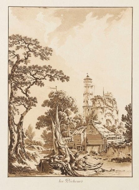 Jean Le Prince (1734-1781)
Les Pêcheurs ; Le Joueur de Balalaye ; Le Chariot ; Le Port ; Le Bœuf. 1769-1771. Eau-forte et gravure au lavis. Formats divers. Superbes épreuves tirées en brun ou en sépia. Toutes marges. Joint : vignette gravée à l’eau?forte par Saint-Non d’après Le Prince. Ens. 6 p. 