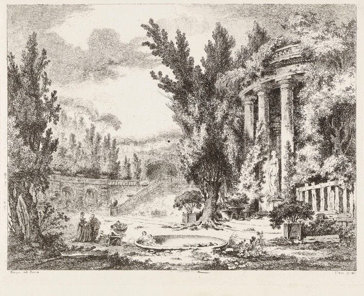 Saint-Non (Jean-Claude Richard, abbé de) (1727-1791) 
Vues d’Italie. 1762. Album de 6 pl. reliées à la ficelle. Eau-forte d’après Boucher, Fragonard, Le Prince, Robert. 295 x 435. Très belles épreuves. Auréoles claires d’humidité. Plis et menus accidents. Toutes marges.