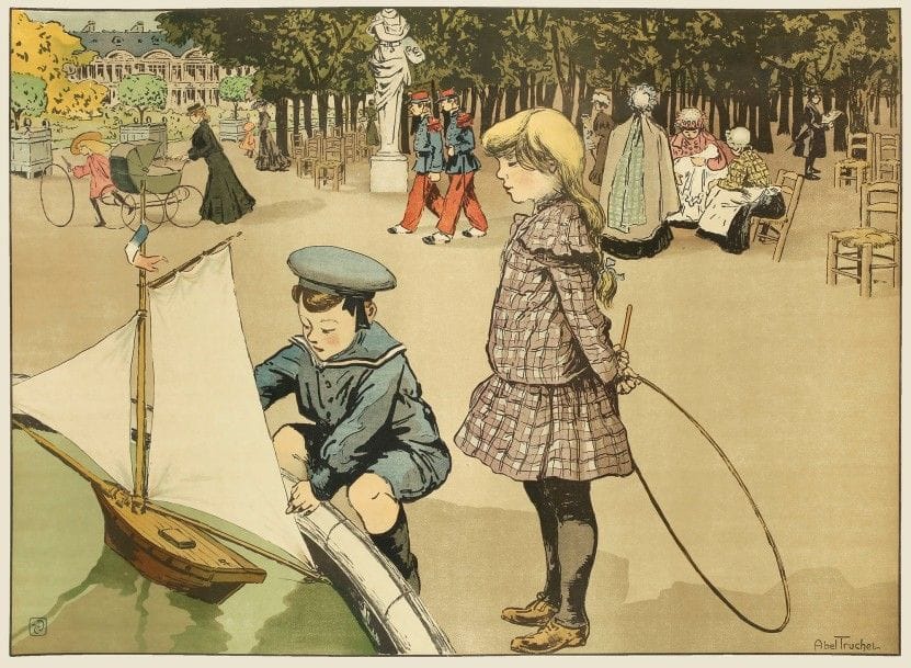 Louis Abel-Truchet (1857-1918)
Enfants au jardin du Luxembourg. Vers 1895. Lithographie. 850 x 608. Impression en couleurs. Très belle et fraîche épreuve sur vélin glacé. Infimes accidents aux bords du feuillet. Toutes marges. 