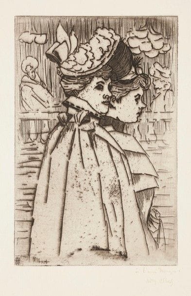 Adolphe Albert (1853-1932)
Deux jeunes femmes en chapeau. Vers 1900. Eau-forte. 137 x 217. Belle épreuve sur vergé, soigneusement lavée, dédicacée et signée à la plume et à l’encre (ces mentions très affaiblies). Traces de colle persistantes aux bords du feuillet au verso. Toutes marges. 