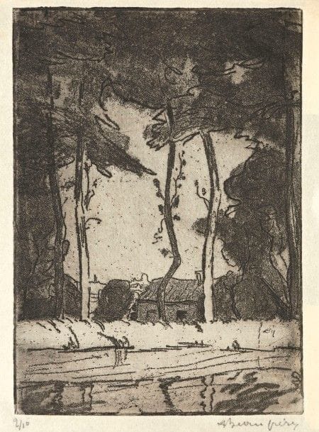 Adolphe Beaufrère (1876-1960)
Les Deux femmes en capuche (Étude pour Le Marché de Quimperlé). 1906 ; Les Huttes des sabotiers. 1909 ; Moulin sur la Laïta. 1910 ; Les Conteurs d’Alger. 1929 ; [Ferme près du canal]. Eau-forte ; vernis mou. Formats divers. Morane 06-05, 09-05, 10-09, 29-14 et non décrit. Très belles épreuves sur différents papiers, numérotées et signées au crayon, certaines en outre timbrées (L’Estampe Nouvelle, Société des Peintres-Graveurs Français). Toutes marges. Ex?coll. H.?M. Petiet. Ens. 5 p.