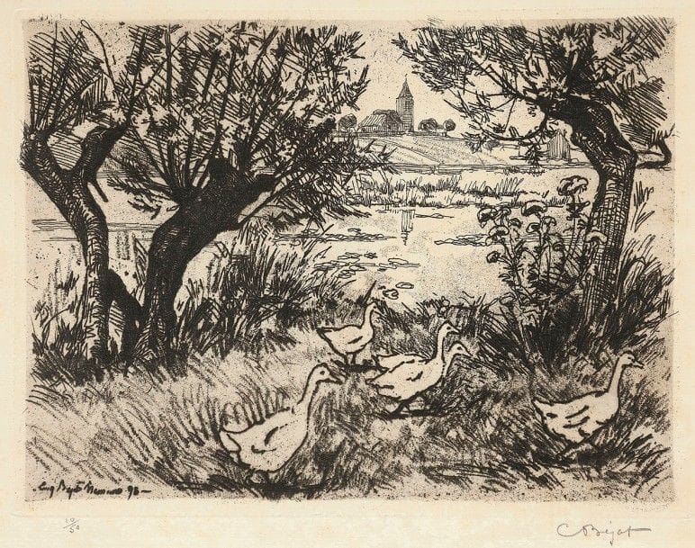 Eugène Béjot (1867-1931)
Les Oies (église de Franconville près Nemours). 1893. Eau-forte et vernis mou. 235 x 175. Laran 122. Belle épreuve sur vergé, numérotée et signée au crayon. Légère trace d’oxydation. Toutes marges. 