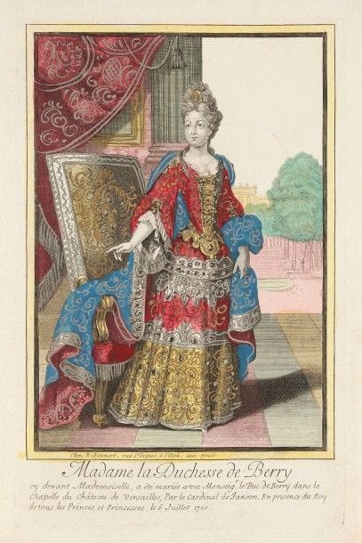 Bonnart éditeur (début XVIIIe s.)
Madame la Duchesse de Berry ; Madame la Duchesse Électoral (sic) de Bavierre ; Mademoiselle d’Elboeuf. 
Eau-forte. Chaque env. 200 x 310. Très belles épreuves, les deux premières en superbe coloris du temps avec rehauts d’or. Bonnes marges. Ens. 3 p.