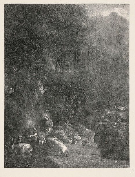 Rodolphe Bresdin (1822-1885)
La Sainte Famille aux cerfs. 1871. Report sur pierre de l’eau-forte. 200 x 261. Van Gelder 137. Belle épreuve d’un tirage posthume sur grand chine appliqué. Grandes marges. Timbre sec : Rodolphine Bresdin (Lugt 2194). 