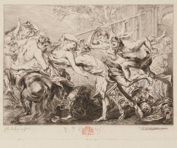 Félix Buhot (1847-1898)
L’Enlèvement des Sabines (La Lutte des Centaures et des Lapithes). Eau-forte d’après Rubens. 190 x 135. Bourcard-Goodfriend 2. Très belle épreuve sur vélin crème, du 1er état (sur 2) à l’eau-forte pure, timbrée (Lugt 977), annotée au crayon dans l’angle inférieur gauche « 1er Etat », l’inscription gravée « P. P. Rubens pinx » biffée au crayon et reportée en capitales au centre sous le trait carré. Petites salissures et traces de plis aux bords du feuillet. Toutes marges. Au verso, annotation « Coll. H. B. » (Henrietta Buhot ?).