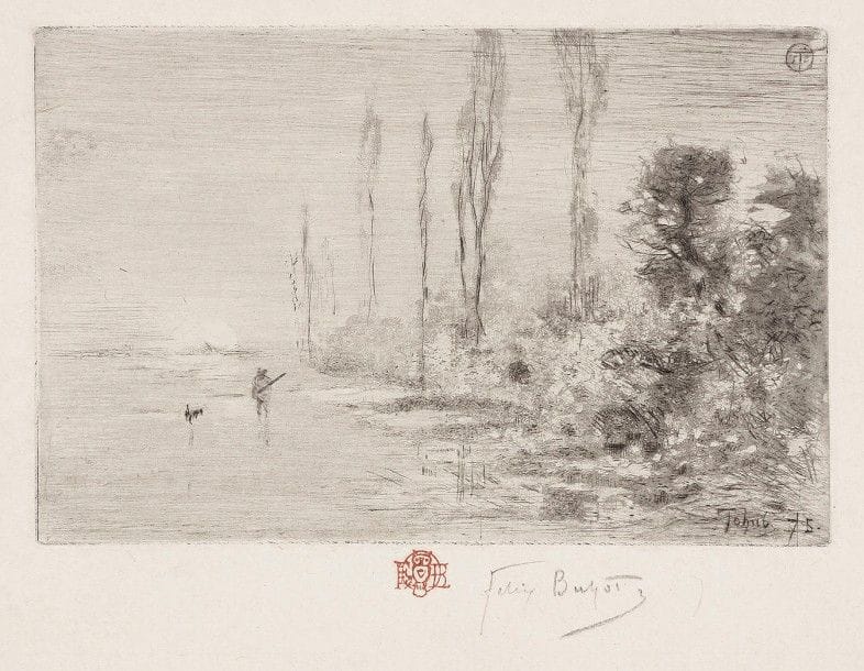 Félix Buhot (1847-1898)
Une matinée d’automne, ou Le Chasseur matinal. 1875. Eau-forte, pointe sèche et aquatinte. 167 x 107. Bourcard-Goodfriend 71. Superbe épreuve « atmosphérique » sur japon vergé mince, timbrée (Lugt 877) et signée au crayon, anciennement montée sur vélin par deux points de colle dans les angles supérieurs. Traces de plis au bord gauche du feuillet. Toutes marges. Au verso du montage, annotation « Coll. H. B. » (Henrietta Buhot ?).