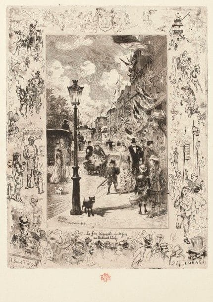 Félix Buhot (1847-1898)
La Fête Nationale au boulevard Clichy. 1878. Eau-forte et pointe sèche. 235 x 312. Bourcard-Goodfriend 127. Très belle et brillante épreuve sur vergé, du 6e état (sur 7) selon Goodfriend, avant l’aquatinte et les reprises dans les marges, timbrée (Lugt 977), titrée en bas à gauche au crayon et annotée « B. à T » dans l’angle inférieur droit. Plis cassés et courte déchirure au bord droit du feuillet. Légère trace d’oxydation au verso. Toutes marges. 