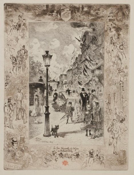 Félix Buhot (1847-1898)
La Fête Nationale au boulevard Clichy. 1878. Eau-forte et pointe sèche. 235 x 312. Bourcard-Goodfriend 127. Très belle et brillante épreuve sur japon vergé, de l’état définitif avec reprises dans les marges, tirée en deux tons (le sujet central en noir, les marges en bistre), timbrée (Lugt 977). Traces de plis aux bords du feuillet. Toutes marges. 