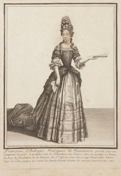 Bonnart éditeur (début XVIIIe s.)
Françoise d’Aubigné, marquise de Maintenon. 
Eau-forte. 190 x 275. Belle épreuve montée par les angles sur bristol. Rousseurs claires et traces de plis. Bonnes marges. Ex-coll. Landau-Finaly (Lugt 1334c). Joint : B. Picart. Monseigneur le duc de Bourgogne. Eau-forte. 194 x 284. Bonne épreuve rognée au-delà du dernier filet et légèrement à l’intérieur de la lettre. Auréole d’humidité. Ens. 2 p.