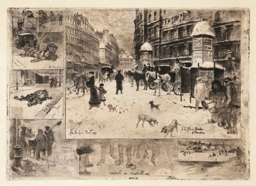 Félix Buhot (1847-1898)
L’Hiver à Paris ou La Neige à Paris. 1879. Eau-forte, pointe sèche, roulette et aquatinte. 350 x 240. Bourcard-Goodfriend 128. Très belle et rare épreuve sur vélin fort, légèrement oxydée, du 3e état (sur 9 selon Goodfriend), avant la mention « L’Art » et l’adresse de Salmon. Court pli cassé dans l’angle supérieur droit. Annotations au crayon en pied. Toutes marges. 