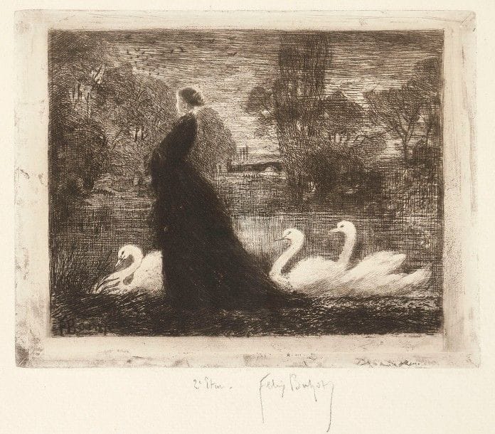 Félix Buhot (1847-1898)
La Dame aux cygnes (Souvenir de Barham Court, Kent). 1879. Eau-forte et pointe sèche, d’après Mrs E. V. B. 182 x 133. Bourcard-Goodfriend 144. Superbe épreuve sur vergé, annotée « 2e Etat » et signée au crayon, du 2e état (sur 3) selon Bourcard, avant les inscriptions à la pointe sous le trait carré. Traces d’empreintes digitales aux bords latéraux du feuillet. Toutes marges.