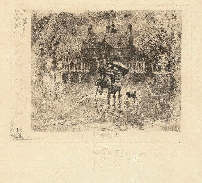 Félix Buhot (1847-1898)
Les Voisins de campagne. 1879-1880. Eau-forte et pointe sèche. 180 x 135. Bourcard-Goodfriend 148. Très belle épreuve sur vergé ivoire, signée au crayon et titrée en pied « Les Voisins de Campagne Souvenir de Basse Normandie ». Rousseurs claires et légère oxydation. Toutes marges. Cadre. 