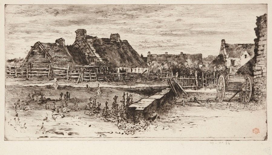 Félix Buhot (1847-1898)
Les Grandes chaumières. 1881. Eau-forte et pointe sèche. 272 x 138. Bourcard-Goodfriend 150. Très belle épreuve sur vergé crème mince, portant l’annotation à la mine de plomb sous le sujet « ep. n° 84 », timbrée (Lugt 978). Pli souple oblique en travers du bord gauche du feuillet. Infime manque en tête. Toutes marges. Timbre triangulaire bleu au verso (vente Hôtel Drouot, 25 octobre 1985). 