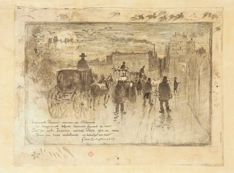 Félix Buhot (1847-1898)
Convoi funèbre au boulevard de Clichy. 1887. Eau-forte, pointe sèche et aquatinte. 398 x 298. Bourcard-Goodfriend 159. Impression en couleurs. Rare épreuve sur japon vergé mince, manquant de conservation, timbrée (Lugt 977). Nombreuses traces de plis (notamment obliques dans le sujet) et longue fracture sur le coup de planche en tête. Épidermures par places en surface. Toutes marges. 
