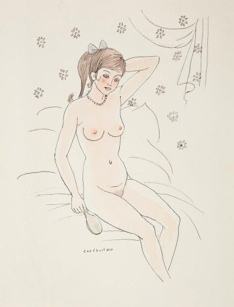 PIRON (Alexis).
Œuvres badines.
S.l. : chez l’artiste, s.d. — In-4, 325 x 250 : (140 ff. premier et dernier blancs), couverture illustrée. En feuilles, couverture rempliée, chemise et étui de l’éditeur.

Superbe édition illustrée de burins et de 16 pointes sèches érotiques, dont le frontispice et la couverture, de LÉON COURBOULEIX (1887-1972). Le texte, gravé à l’eau-forte a été imprimé sur les presses-à-bras par l’artiste. Les lettrines et ornements du texte sont rehaussés en or et en couleurs.
Tirage limité à 100 exemplaires signés par l’artiste, celui-ci un des 60 sur vélin contenant une suite en sanguine et un dessin original rehaussé à l’aquarelle signé par l’artiste.
Il est par ailleurs enrichi de deux cuivres originaux : une illustration et une page de texte.
Trace de scotch sur le dernier feuillet.