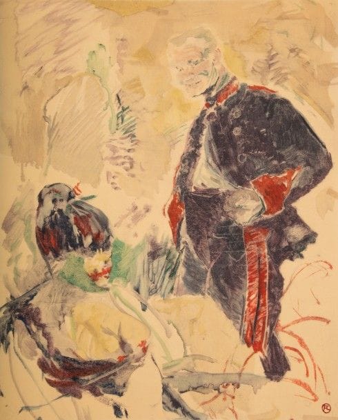 TOULOUSE-LAUTREC (Henri de).
Artilleur et femme. Suite complète de six études 1886. Avant-propos de Germain Bazin. Présentation de M.G. Dortu, J.A. Méric.
Le Jeune Routy à Céleyran. Suite complète de huit dessins et trois peintures 1882. Avant-propos de Maurice Sérullaz. Présentation de M.G. Dortu, J.A. Méric.
Paris : Société des amis du musée d’Albi, 1972-1975. — 2 albums in-plano, 555 x 390. En feuilles, sous chemise à rabats en toile de l’éditeur.

Ensemble de deux importants albums de reproductions en fac-similé de dessins et peintures de TOULOUSE-LAUTREC (1864-1901), tirés de la collection du musée d’Albi.
Le premier offre 6 reproductions autour du sujet intitulé Artilleur et Femme, correspondant à un ensemble d’études pour une illustration dans un journal mais qui n’a jamais parue. Le second propose une série d’études et de peintures autour du Jeune Routy, exécutées en 1882.
Tirage à 300 exemplaires, ces deux faisant partie des 25 hors commerce, spécialement imprimés pour monsieur 
Xavier Lasbordes.