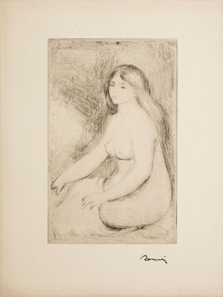 VOLLARD (Ambroise).
La Vie & l’œuvre de Pierre-Auguste Renoir.
Paris : Ambroise Vollard, 1919. — In-4, 331 x 250 : frontispice, 261 pp., (9 ff.), 52 planches, couverture illustrée. Broché, couverture rempliée.

Édition originale de l’un des textes de référence sur l’un des plus importants peintres impressionnistes français. Elle est illustrée de nombreuses reproductions dans le texte et à pleine page, d’UNE EAU-FORTE ORIGINALE DE RENOIR (Femme nue ou Baigneuse assise), d’une lithographie en couleurs par Auguste Clot d’après une peinture à l’huile de l’artiste (Les Sirènes) et de 51 héliogravures hors texte, le tout sous serpente légendée.
Tirage à 1000 exemplaires, celui-ci étant l’un des 375 sur vélin d’Arches, parfaitement conservé, en partie non coupé. Seules deux ou trois planches présentent des petites rousseurs, sans gravité.