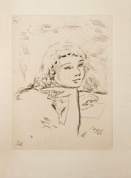 VOLLARD (Ambroise).
Sainte Monique.
Paris : Ambroise Vollard, 1930. — In-4, 321 x 246 : frontispice, (2 ff.), IX, 222 pp., (4 ff.), XV ff., (3 ff.), 45 planches, couverture illustrée. Veau aubergine janséniste, dos lisse, tête dorée, non rogné, couverture et dos conservés (reliure de l’époque).

Première édition illustrée, tirée à 390 exemplaires, comprenant 29 lithographies originales hors texte, 178 compositions sur bois dans le texte, 17 eaux-fortes originales dont 3 pour la table des hors-texte (2 avec les numéros et 1 avant les numéros), et une suite de 37 bois non utilisés répartis sur 15 feuillets, de PIERRE BONNARD (1867-1947).
Un des 257 exemplaires numérotés sur vélin d’Arches. Les lithographies ainsi que les eaux-fortes ont été imprimées sur papier vergé.
Frottements à la reliure, rares rousseurs.