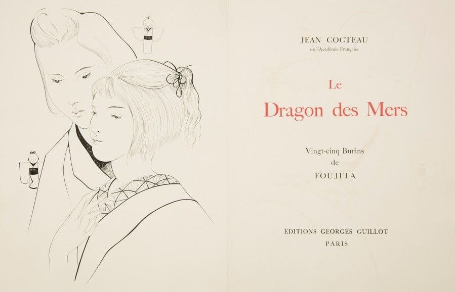 COCTEAU (Jean).
Le Dragon des Mers.
Paris : Georges Guillot, 1955. — In-4, 326 x 251 : (2 ff. blancs), 101 pp., (5 ff. deux derniers blancs), couverture imprimée. En feuilles, chemise et étui de l’éditeur.

Édition tirée à 175 exemplaires, illustrée de 25 burins originaux de LÉONARD FOUJITA (1886-1968),
dont 14 à pleine page.
Un des 110 sur grand vélin d’Arches, signé par l’auteur et l’artiste, parfaitement conservé malgré quelques salissures à l’étui.