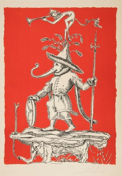 DALI (Salvador). - RABELAIS (François).
Les Songes drôlatiques de Pantagruel.
Genève : Celami, 1973. — In-plano, 755 x 533 : (2 ff.),
25 planches. En feuilles, sous étui-boîte de l’éditeur à dos de chagrin noir.

Très bel et imposant album de 25 grandes lithographies originales de SALVADOR DALI (1904-1989).
Exemplaire parfaitement conservé, comprenant toutes les lithographies en couleurs en épreuve d’artiste sur japon nacré, justifiées et signées par l’artiste.