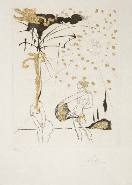 DALI (Salvador) - CORBIÈRE (Tristan).
Les Amours jaunes.
Paris : Pierre Belfond, 1974. — In-4, 386 x 285 : 10 planches sous couverture imprimée. Chemise et étui de l’éditeur.

Rare suite de 10 pointes-sèches originales de SALVADOR DALI (1904-1989) illustrant 10 des poèmes des Amours jaunes de Tristan Corbière.
Chaque épreuve a été rehaussée à l’or selon les désirs de l’artiste.
Cette entreprise éditoriale fut tout à fait particulière pour Pierre Belfond, comme il le souligne dans ses Scènes de la vie d’un éditeur. L’artiste, lors d’une mini-réception au cours de laquelle on lui présenta les premiers exemplaires du livre, saisit un tube d’or 18 carats, « s’agenouilla comme devant le saint-sacrement, se releva, se réagenouilla, pressa le tube et, faisant gicler d’épaisses coulées, ensemença de points, de traits, d’aplats, de figures, de chiffres » les dix gravures.
L’éditeur chargea alors Daniel Jacomet de rehausser d’or toutes les planches par la technique du pochoir. Pierre Belfond d’ajouter : « Ce qu’on ne nous avait pas dit, c’est que la pâte d’or refusait de sécher ! Pendant six mois, les illustrations de Dali, maintenues par des pinces à linge, se balancèrent au gré des courants d’air dans les ateliers. Au bout de ces six mois, n’en pouvant plus, Jacomet décida de les décrocher et de les répartir, dûment protégées par des feuilles intercalaires en papier de soie, dans les emboîtages prévus ». Mais ce qui était tant redouté arriva, toutes les gravures de tous les exemplaires étaient collées aux serpentes.
L’édition fut imprimée à 500 exemplaires, chaque épreuve porte la signature autographe de Dali. Celui-ci est l’un des 200 sur japon nacré, parfaitement conservé. Cinq serpentes sur les 10 ont pu être décollées.
Provenance : Pierre Belfond.