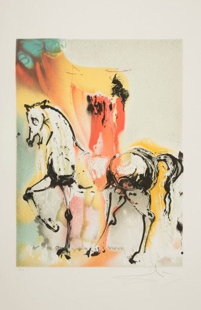 DALI (Salvador).
[Les Chevaux Daliniens].
S.l., s.d. — Album in-plano, 562 x 365 : 25 planches. En feuilles, sous étui-boîte en toile rouge de l’éditeur.

Rare porte-folio contenant 25 lithographies originales gaufrées et en couleurs de SALVADOR DALI (1904-1989).
Ces 25 sujets ont été réalisés à partir de 25 gouaches peintes entre 1971 et 1973 et parurent pour la première fois en 1973.
Cet exemplaire ne possède ni titre ni justification. Chaque épreuve, imprimée sur papier vélin d’Arches, est justifiée « EA » pour « Épreuve d’Artiste » et signée par Dali. Les feuillets mesurent 562 x 365 mm, contre 660 x 500 mm pour l’édition de 1973.
Quelques taches à l’étui, sinon exemplaire parfaitement conservé.