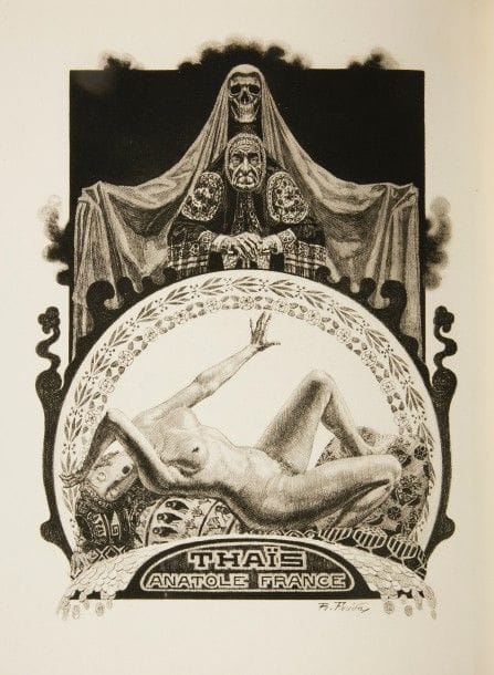 FRANCE (Anatole).
Thaïs.
Paris : A. Plicque & Cie, (1924). — In-8, 256 x 234 : frontispice, (4 ff.), 209 pp., (2 ff.), 8 planches, couverture illustrée. Demi-chagrin orange à coins, roulettes dorées, dos à faux nerfs orné, première de couverture conservée (reliure du temps).

Édition tirée à 781 exemplaires, illustrée de 22 gravures originales de RAPHAËL FREIDA (1877-1942), dont une en couleurs sur la couverture, 13 dans le texte et 9 hors texte.
Un des 50 exemplaires sur vélin de Hollande, contenant une suite des gravures en noir sur Hollande et une suite en sanguine.
Petits frottements aux coiffes, gardes renouvelées. Manquent les rabats de la couverture, légères brunissures dans la marge des premiers feuillets.