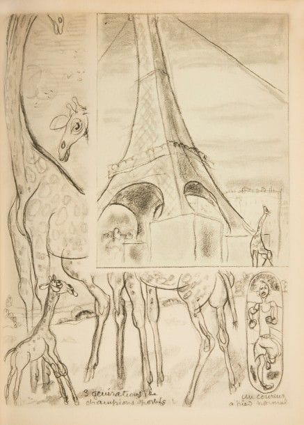 GUS BOFA.
Zoo.
Paris : Mornay, (1935). — In-8, 244 x 188 : (70 ff. premier blanc), couverture illustrée. Demi-maroquin vert sombre à coins, filets dorés, dos à nerfs, tête dorée, non rogné, couverture et dos conservés (Ersé).

Édition originale de cet admirable livre dans lequel GUS BOFA (1883-1968) critique de façon humoristique mais incisive l’humanité.
« Je n’aime pas beaucoup les Hommes, mais j’ai beaucoup de tendresse pour les animaux (…) Ce n’est pas qu’ils vaillent mieux que l’Homme : ils sont, autant que lui, laids, sales, paresseux, voleurs, salaces, menteurs, obscènes et pleutres (…) Au vrai, je n’ai pas tellement souci de prouver aux Bêtes mon amitié, que de mériter la leur. J’ai besoin de me faire pardonner, par chacune d’elles en particulier, la muflerie millénaire de toute ma race à leur égard » (Préliminaire).
L’édition est illustrée de 72 compositions de l’artiste dont une sur la couverture, une sur le titre et 70 dans le texte ou à pleine page.
Un des 60 exemplaires hors commerce, celui-ci étant l’un des 50 sur vélin de Navarre, spécialement imprimé pour l’écrivain et journaliste Jean Galtier-Boissière (1891-1966). Il est enrichi d’un envoi autographe de Gus Bofa à monsieur et madame 
J. Galtier-Boissière et d’un DESSIN ORIGINAL DE L’ARTISTE au crayon et à l’aquarelle, non signé, représentant un chat ou un renard couché aux yeux blancs globuleux (79 x 133 mm).
Très bel exemplaire relié par Ersé, malgré le dos passé et de minimes rousseurs sans gravité.